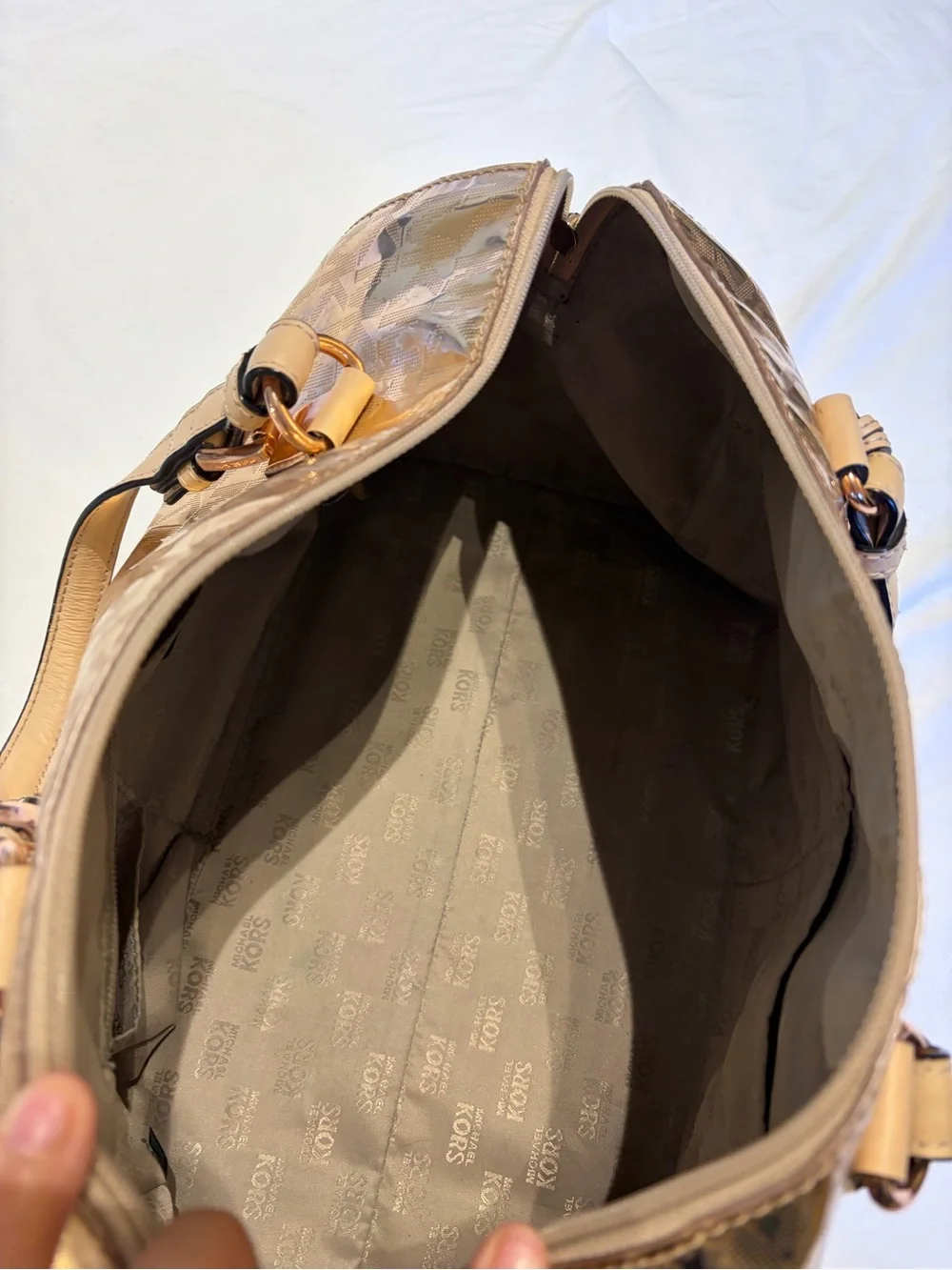 Michael Kors Metallic Rose Gold MK Monogram Satchel